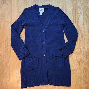 Nurture Blue Long Cardigan Pockets Buttons Size S Cozy Winter Warm Hem Details